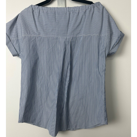Theory Velvela Striped Top Blue Short Sleeve Size 2 Cotton Utility Button B21 - Picture 5 of 7